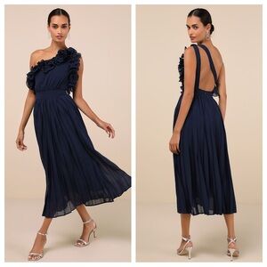 Lulus Splendid Charisma Navy Ruffled Pleated One-Shoulder
Midi Dress
